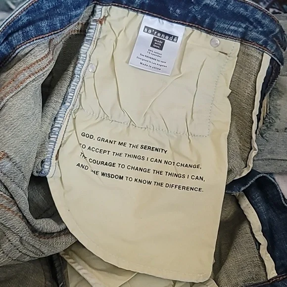 SERENEDE Patchwork Streetwear Earth Tone Serenity Prayer Distressed Skinny Jeans - Picture 3 of 16